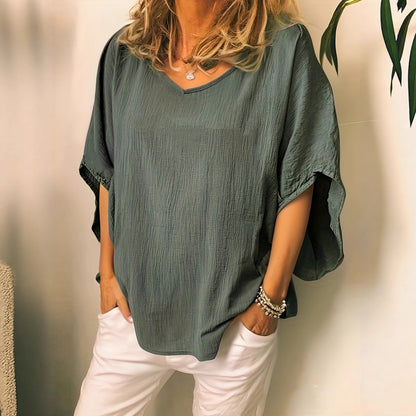 Women's Batwing Sleeve Cotton-Linen Top - Versatile Solid Color Casual Blouse