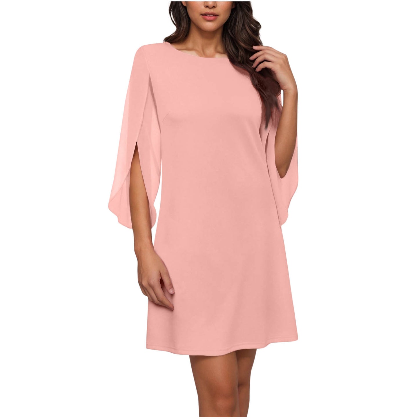 Womens Solid-Colored Crew-Neck Cloak-Sleeve Dress