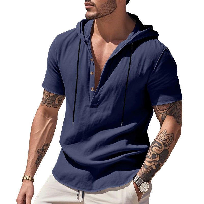 Qısa Qollu Gündəlik Nəfəs Alan Kətan Hudi Henley Köynək Kişi Köynəyi Nəfəs Alan Rahat Yaz Yay Dəbi Əsas Rəng Küçə Geyimi