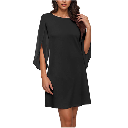 Womens Solid-Colored Crew-Neck Cloak-Sleeve Dress