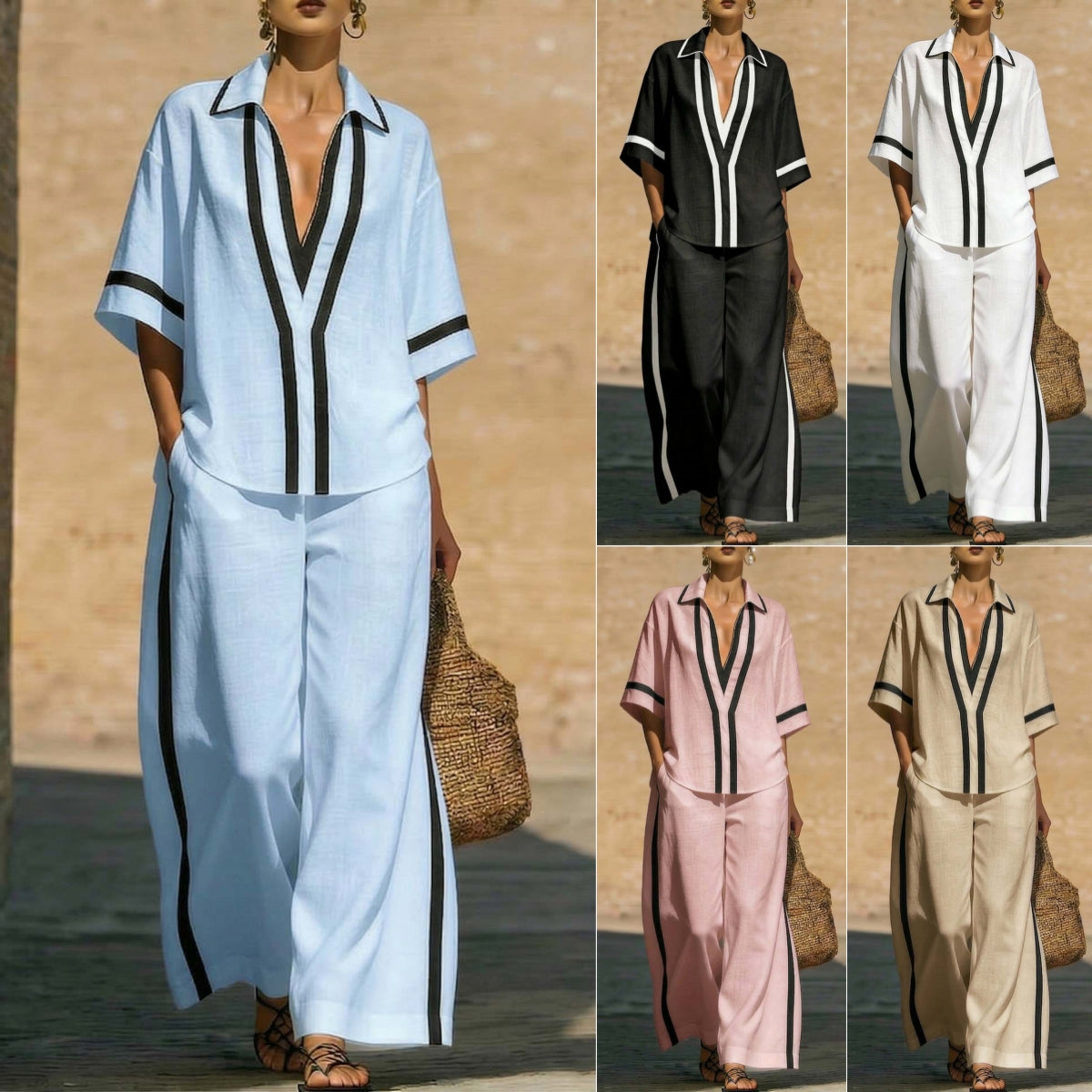 Women's Color Block Two-Piece Set - Top & Wide Leg Pants