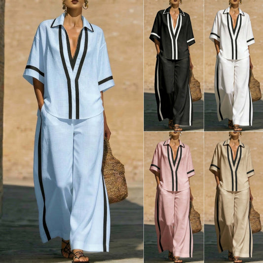 Women's Color Block Two-Piece Set - Top & Wide Leg Pants