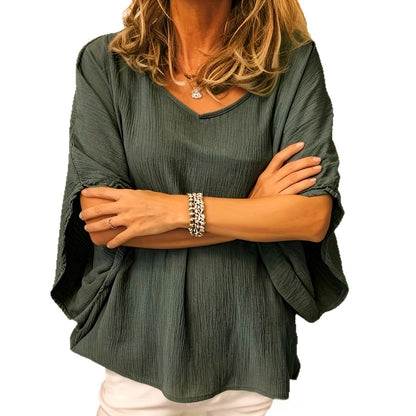 Women's Batwing Sleeve Cotton-Linen Top - Versatile Solid Color Casual Blouse
