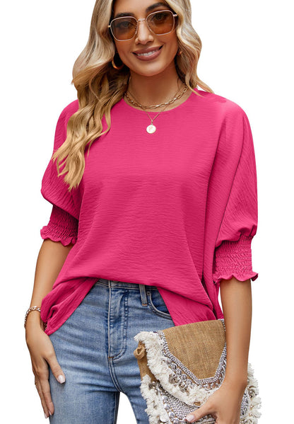 Women's Loose T-Shirt - Elastic Sleeve Solid Color Casual Top