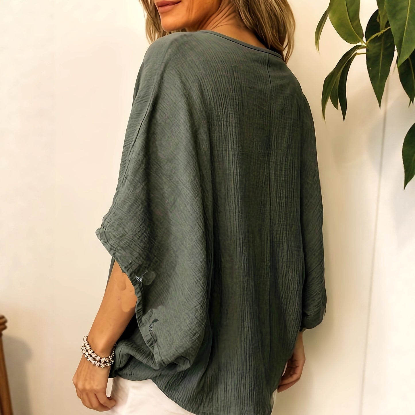 Women's Batwing Sleeve Cotton-Linen Top - Versatile Solid Color Casual Blouse