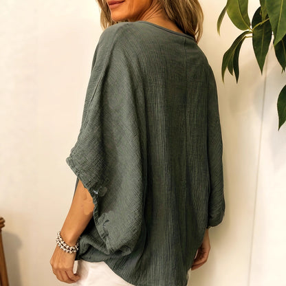 Women's Batwing Sleeve Cotton-Linen Top - Versatile Solid Color Casual Blouse