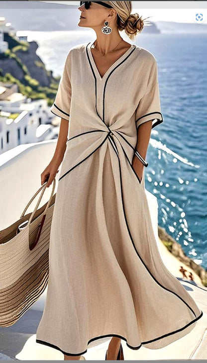 Women's Striped Maxi Dress - Short Sleeve Beach Vacation