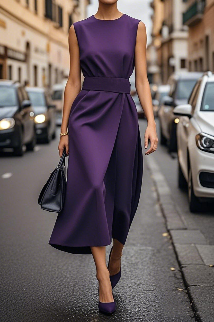 Sleeveless Belt Dress - Slim Back Zipper Women's Fashion