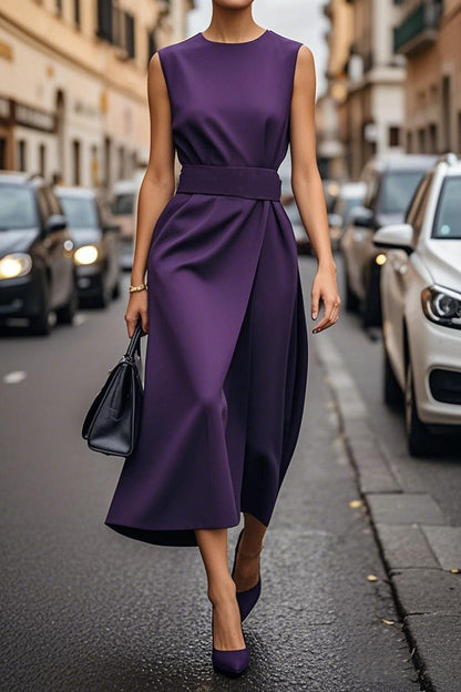 Sleeveless Belt Dress - Slim Back Zipper Women's Fashion
