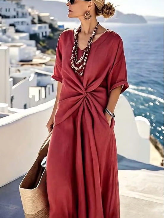 Women's Striped Maxi Dress - Short Sleeve Beach Vacation