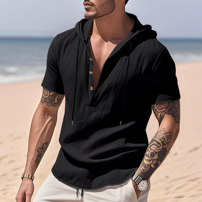 Qısa Qollu Gündəlik Nəfəs Alan Kətan Hudi Henley Köynək Kişi Köynəyi Nəfəs Alan Rahat Yaz Yay Dəbi Əsas Rəng Küçə Geyimi