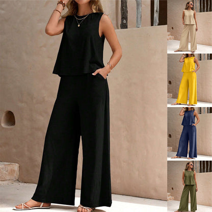 Solid Color Casual Loose Pants Set - Women's Two Piece Suit