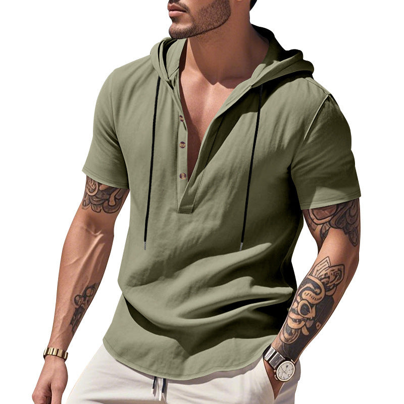 Qısa Qollu Gündəlik Nəfəs Alan Kətan Hudi Henley Köynək Kişi Köynəyi Nəfəs Alan Rahat Yaz Yay Dəbi Əsas Rəng Küçə Geyimi