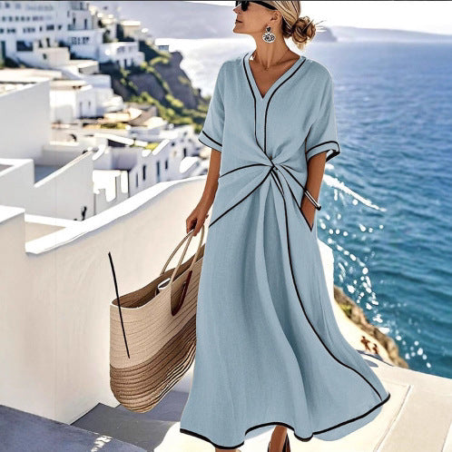 Women's Striped Maxi Dress - Short Sleeve Beach Vacation