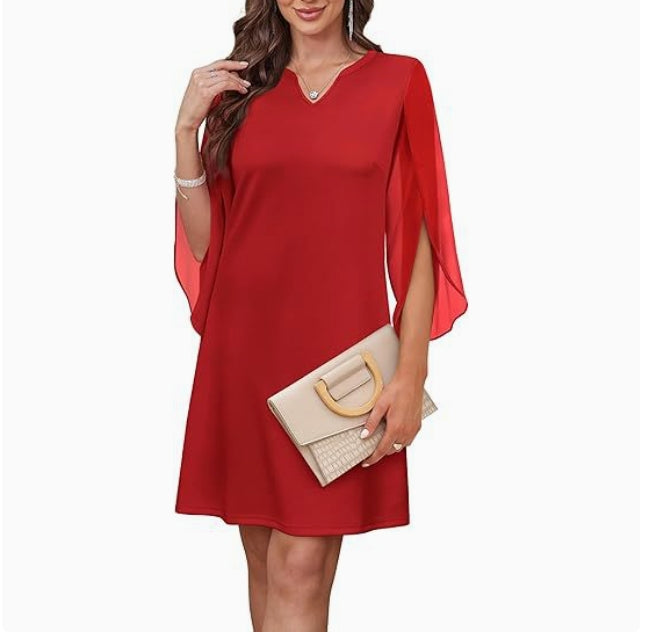 Womens Solid-Colored Crew-Neck Cloak-Sleeve Dress