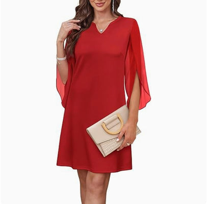 Womens Solid-Colored Crew-Neck Cloak-Sleeve Dress
