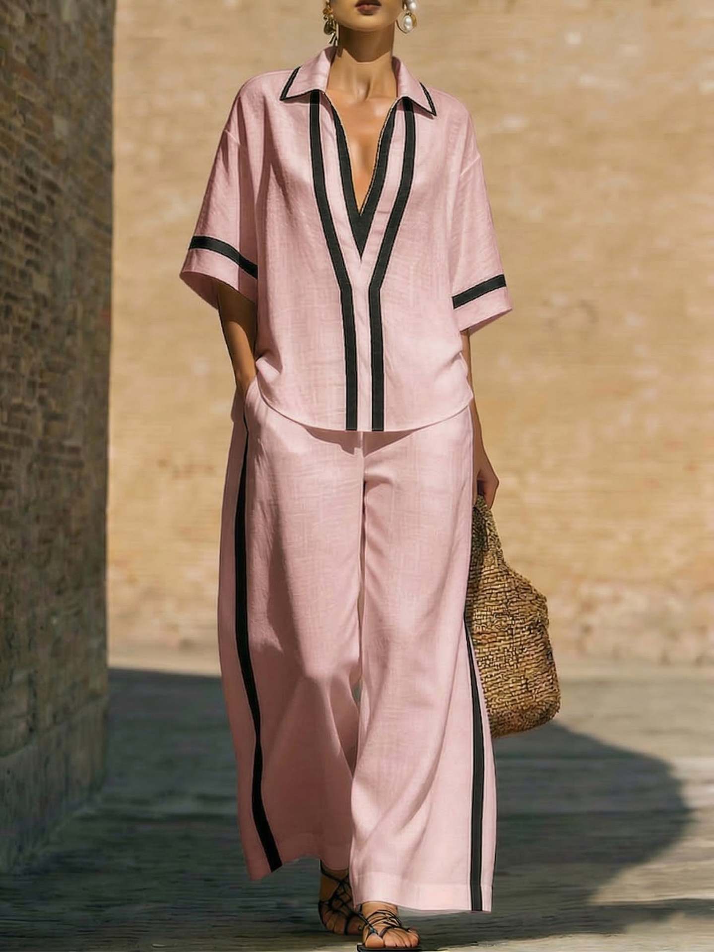 Women's Color Block Two-Piece Set - Top & Wide Leg Pants