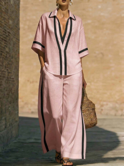 Women's Color Block Two-Piece Set - Top & Wide Leg Pants