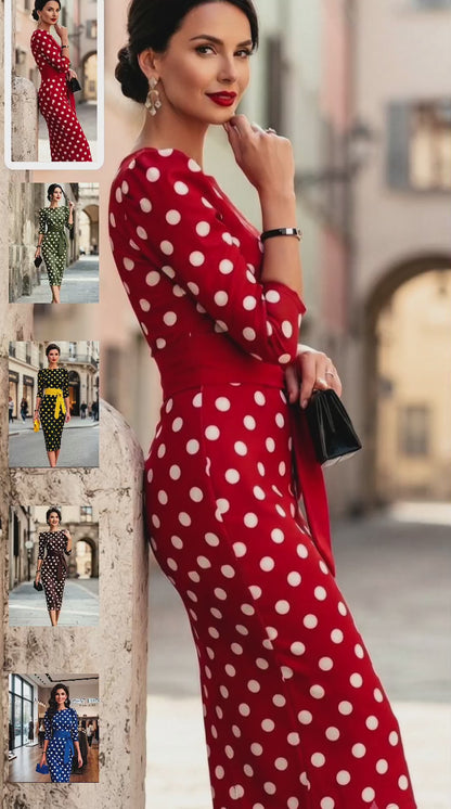 Women's Elegant Polka Dot Midi Dress - Bodycon O-Neck Three-Quarter Sleeve