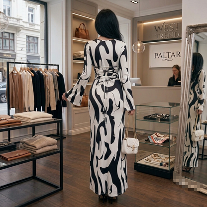 Women's Elegant Printed Flared Sleeve Maxi Dress